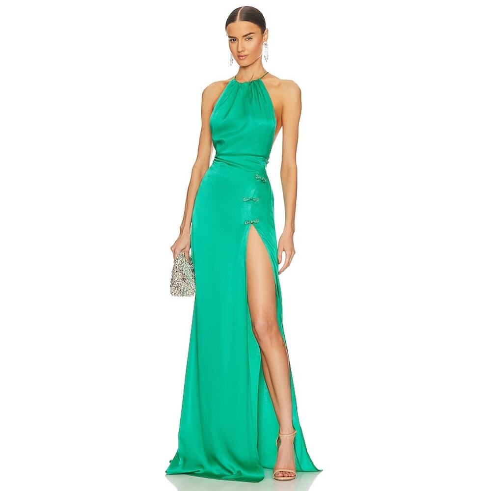 Revolve Sau Lee Porter Backless Gown Halter Slit Maxi Dress Jade Green Size 0 US